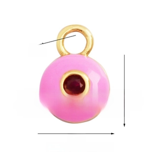 Pink enamel round evil eye charm with red zircon, 9mm diameter and 4mm thickness detail