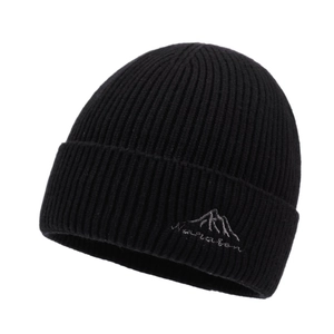 Classic black ribbed knit beanie with mountain embroidery for outdoor winter warmth