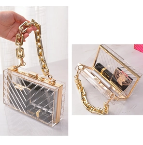 Detail of transparent acrylic clutch bag with geometric texture and gold chain strap