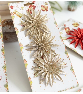 Detailed view of champagne gold glitter artificial flowers for Christmas tree decoration