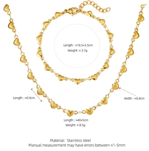 Detailed specs of 18K gold plated stainless steel heart pendant necklace and bracelet set