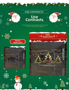 Detail of gold Christmas tree window decals with Merry Christmas text for festive glass decor