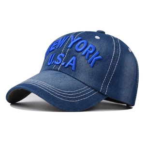 Dark blue denim baseball cap with New York USA 3D embroidery and white stitching detail