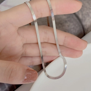 Detailed view of silver flat snake chain necklace with sleek metallic luster and fine weave