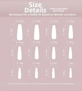 Detailed size chart for extra long ballerina press-on nails showing 12 different sizes