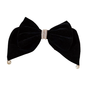 Barrette à cheveux élégante en velours noir avec perles et strass sur fond blanc