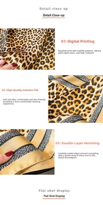 Close-up of leopard print imitation silk scarf with digital printing and double-layer hemming