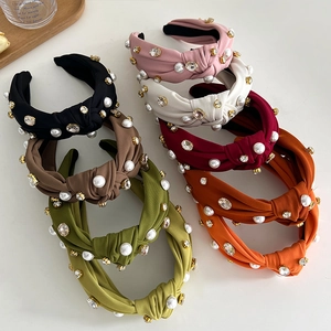 Wide fabric knot headband with pearls and rhinestones in various colors