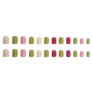 Rainbow gummy checkerboard and polka dot press-on nails in a short round style
