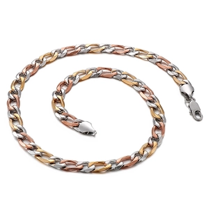 Three-tone Figaro chain necklace in silver, gold, and rose gold stainless steel with clasp