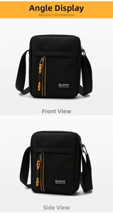 Detail view of black oxford crossbody bag featuring orange zipper accents and circular logo