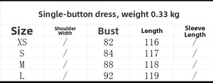Size chart for the sleeveless button-down dress showing XS to L measurements in centimeters