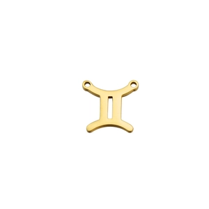 Close-up of golden stainless steel Gemini zodiac charm connector with mirror finish