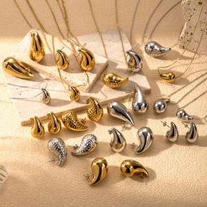 Teardrop Pendant Necklace And Earrings Stainless Steel Polished Hammered Minimalist Jewelry For Women Elegant Daily Accessory