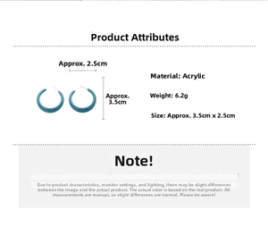 Detailed view of blue acrylic C-shape earrings with size and weight specifications