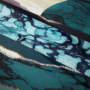 Detailed macro view of abstract mountain tapestry with golden veins and teal marble texture