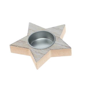 Star-shaped wooden tealight holder with natural grain and silver metal candle cup