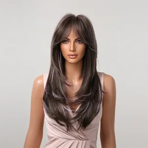 Long layered dark brown wig with lavender highlights and side bangs for women