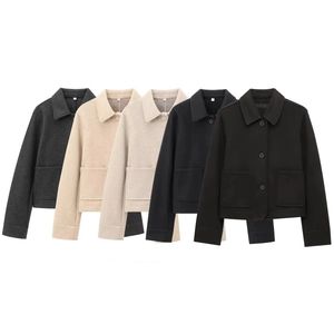 Women Short Woolen Jacket Lapel Collar Button Down Casual Solid Color Coat With Pockets Long Sleeve Loose Fit Outerwear