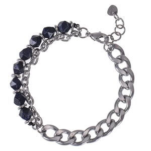 Detail of double-layer bracelet with faceted blue tiger eye beads and silver stainless steel chain