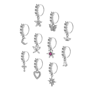 Lot de 10 paires d'anneaux de piercing argentés avec pendentifs en zircone
