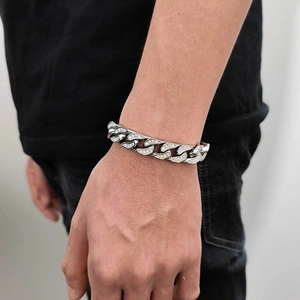 Men's 12mm silver stainless steel Cuban link bracelet with high-quality cubic zirconia