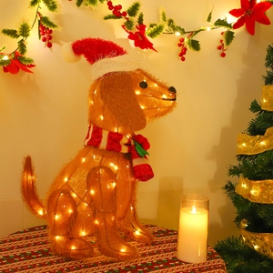 Cozy indoor Christmas Dachshund figure with warm lights, red hat and striped scarf
