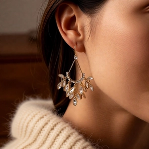 Detail of 18k gold plated teardrop tassel earrings with zircons worn on model