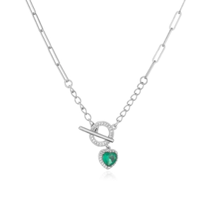 S925 silver OT clasp necklace with green heart gemstone and white zircon pavé