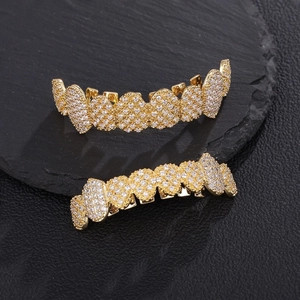 Hip hop gold plated grillz set with sparkling full diamond stones for upper and lower teeth