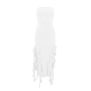 Vestido midi blanco sin tirantes con volantes laterales y detalles fruncidos para mujer