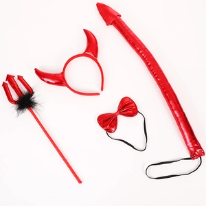 Red 4-piece Halloween devil set including horn headband, trident, bow tie, and long tail