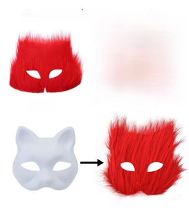 DIY Halloween fox mask detail showing red faux fur texture and adhesive backing parts