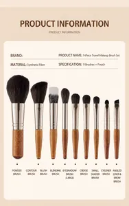 Detail view of 9 mini makeup brushes with black fiber bristles and natural wood handles