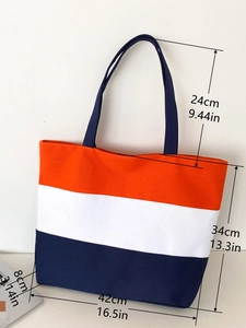 Detailed view of tricolor canvas tote bag showing dimensions 42x34x8cm with 24cm strap drop