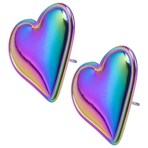 Detailed macro view of heart-shaped 304 stainless steel earrings with rainbow gradient finish