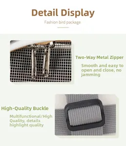 Detail of dual metal zippers and durable plastic buckles on a breathable pet carrier bag