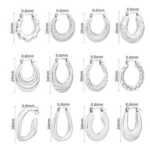 Size chart for titanium steel hoop earrings showing twelve styles with 0.8mm thickness