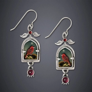 Boucles d'oreilles vintage en argent avec oiseau en émail rouge et pendentif rubis