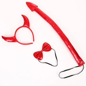 Three-piece red shiny leather devil costume set including horn headband, bowtie, and tail