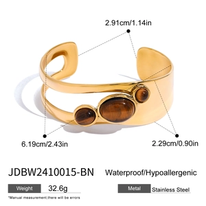 Detailed size specifications for gold stainless steel bangle with tiger eye stones