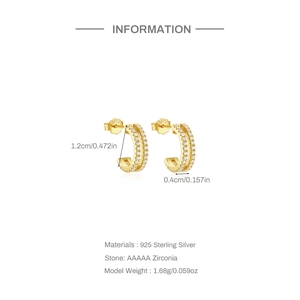 Detailed spec sheet showing S925 sterling silver C-shape earrings with AAAAA zirconia
