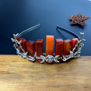 Silver crystal crown headpiece with red stones and crescent moon for bridal wedding jewelry