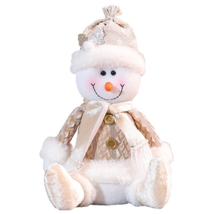 Champagne gold snowman plush figure with knit hat and sequin stars for Christmas decor