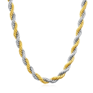 Close-up of a two-tone gold and silver twisted rope chain necklace with high polish