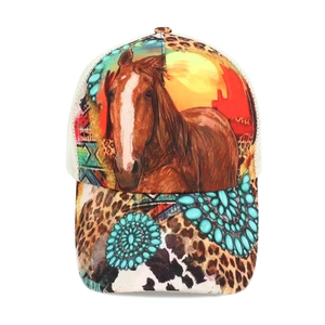 Western mesh trucker hat with brown horse portrait and leopard print brim detail