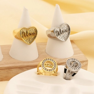 Gold and silver 18k plated wide band Mom rings with sparkling diamond accents