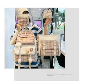 Pink plaid five-piece backpack set including school bag, tote, crossbody, and pouches