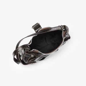 Top view of deep brown textured leather bag with silver zipper and black lining detail