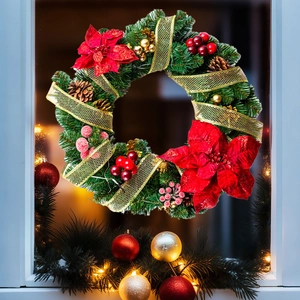 Christmas wreath window sticker with pine cones, poinsettia flowers and red ribbons